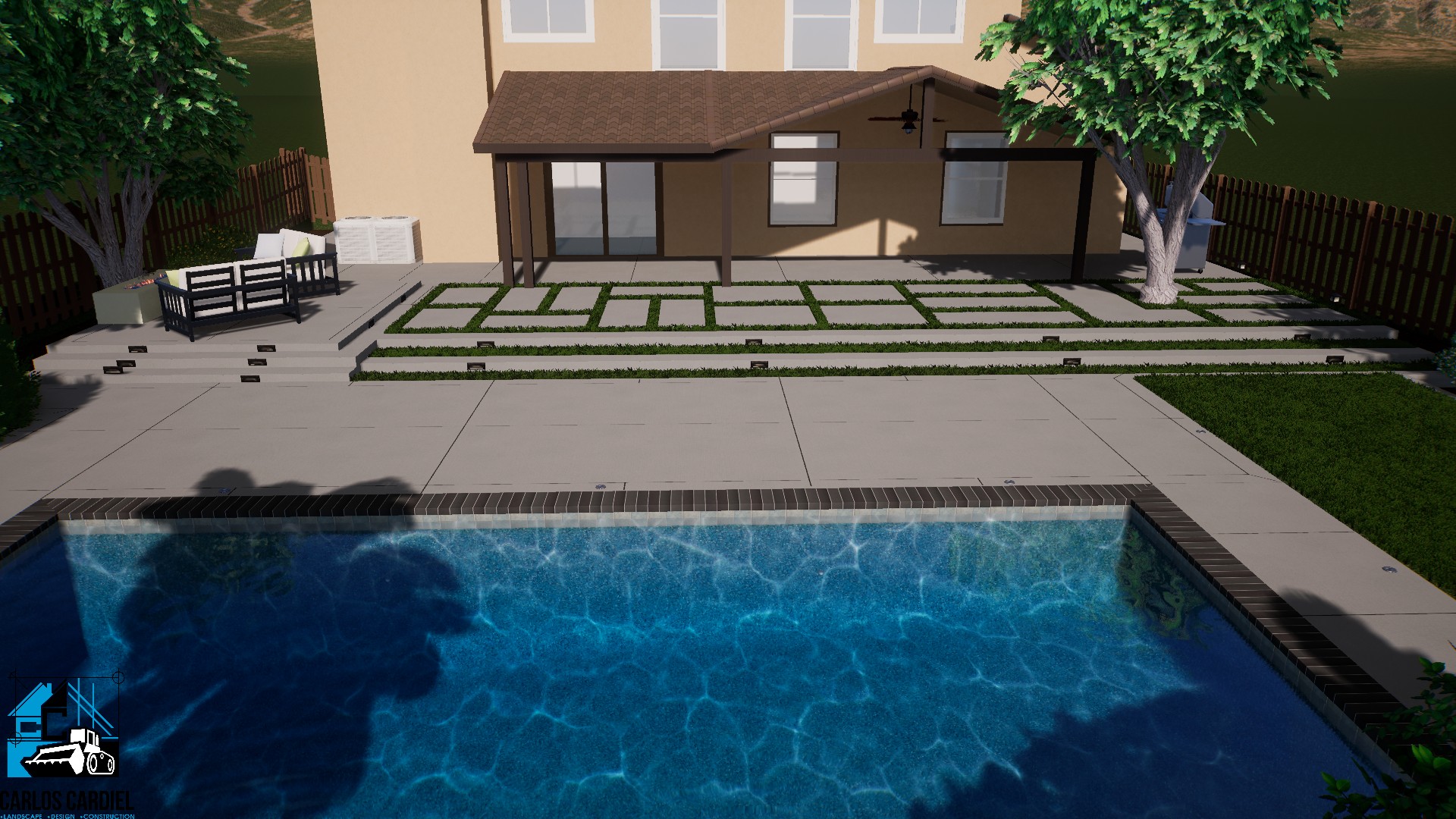 Explore our 3D design for a stunning remodeled backyard, featuring a harmonious blend of lush greenery, contemporary outdoor amenities, and inviting entertainment spaces.