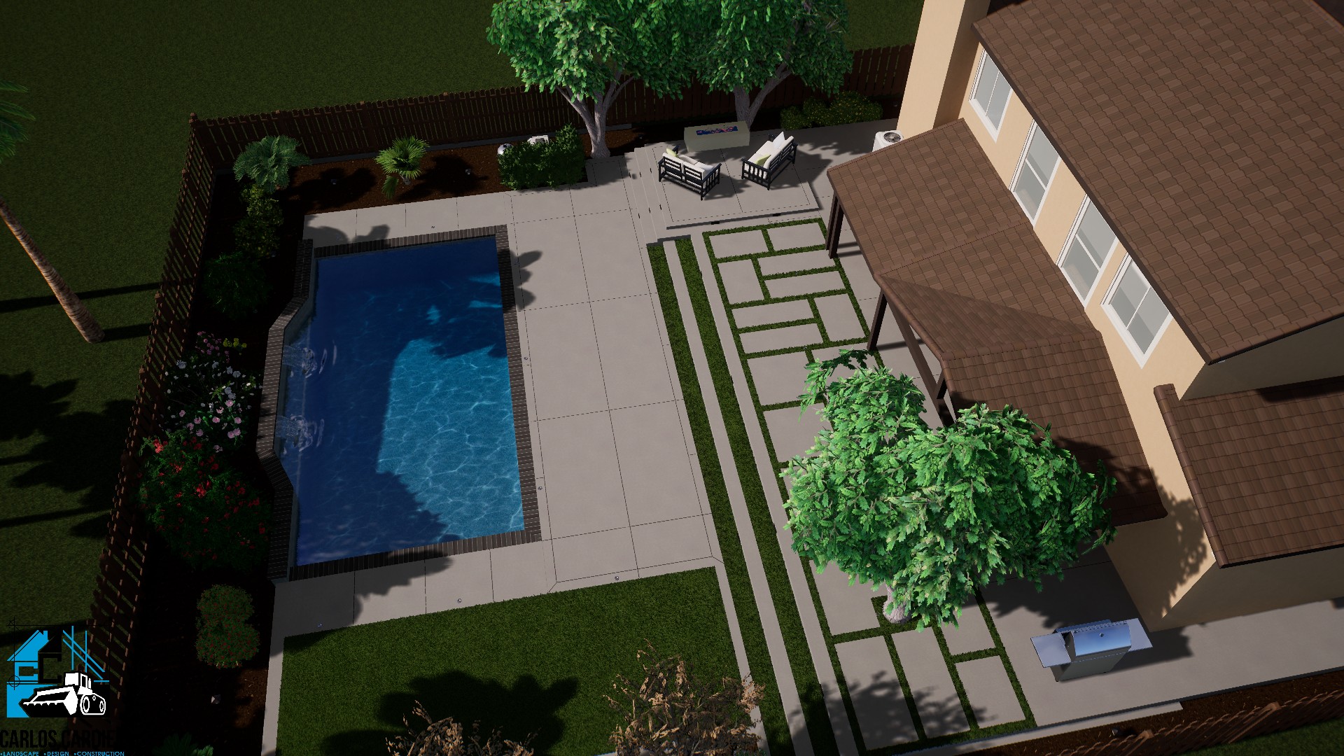 Explore our 3D design for a stunning remodeled backyard, featuring a harmonious blend of lush greenery, contemporary outdoor amenities, and inviting entertainment spaces.