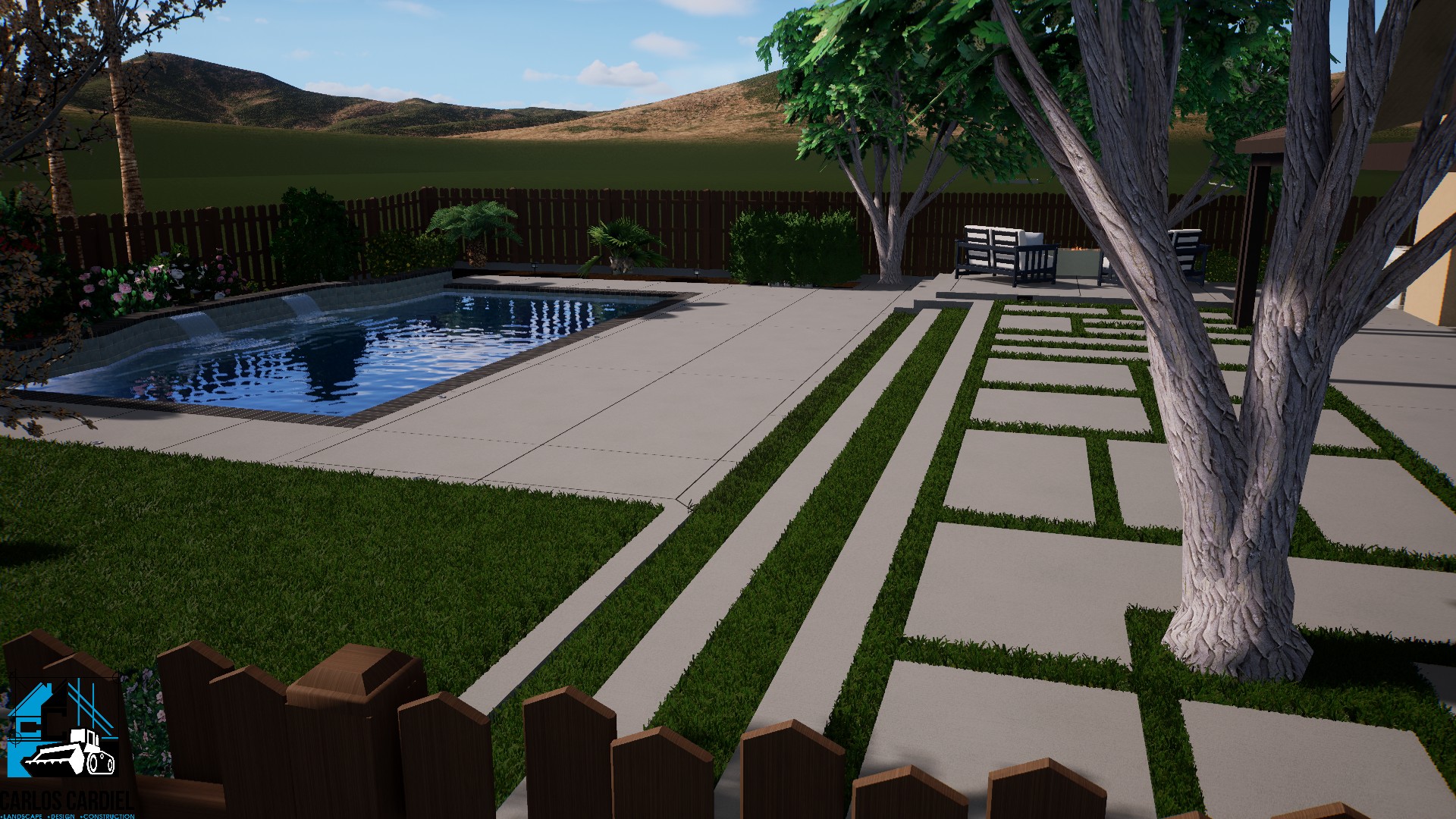 Explore our 3D design for a stunning remodeled backyard, featuring a harmonious blend of lush greenery, contemporary outdoor amenities, and inviting entertainment spaces.